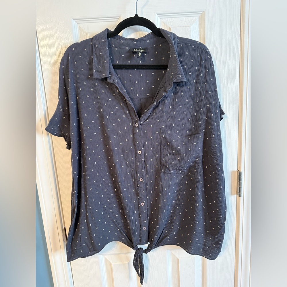 Jessica Simpson Navy Short-Sleeve Button-Down Tie-Front Blouse